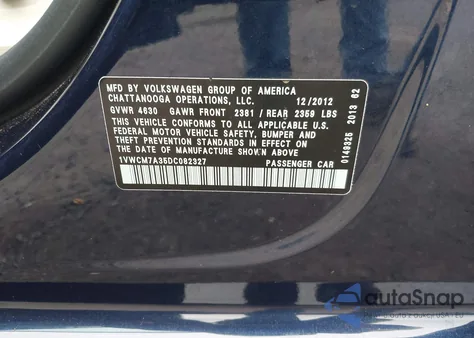 2013 Volkswagen Passat 3.6L V6 Sel Premium из США, поврежденный, VIN 1VWCM7A35DC082327